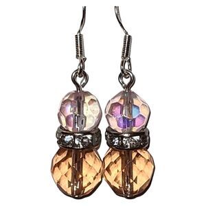 Sterling Silver 925 Pink Champagne Crystal‎ Rhinestone Drop Dangle Earrings 1.5"